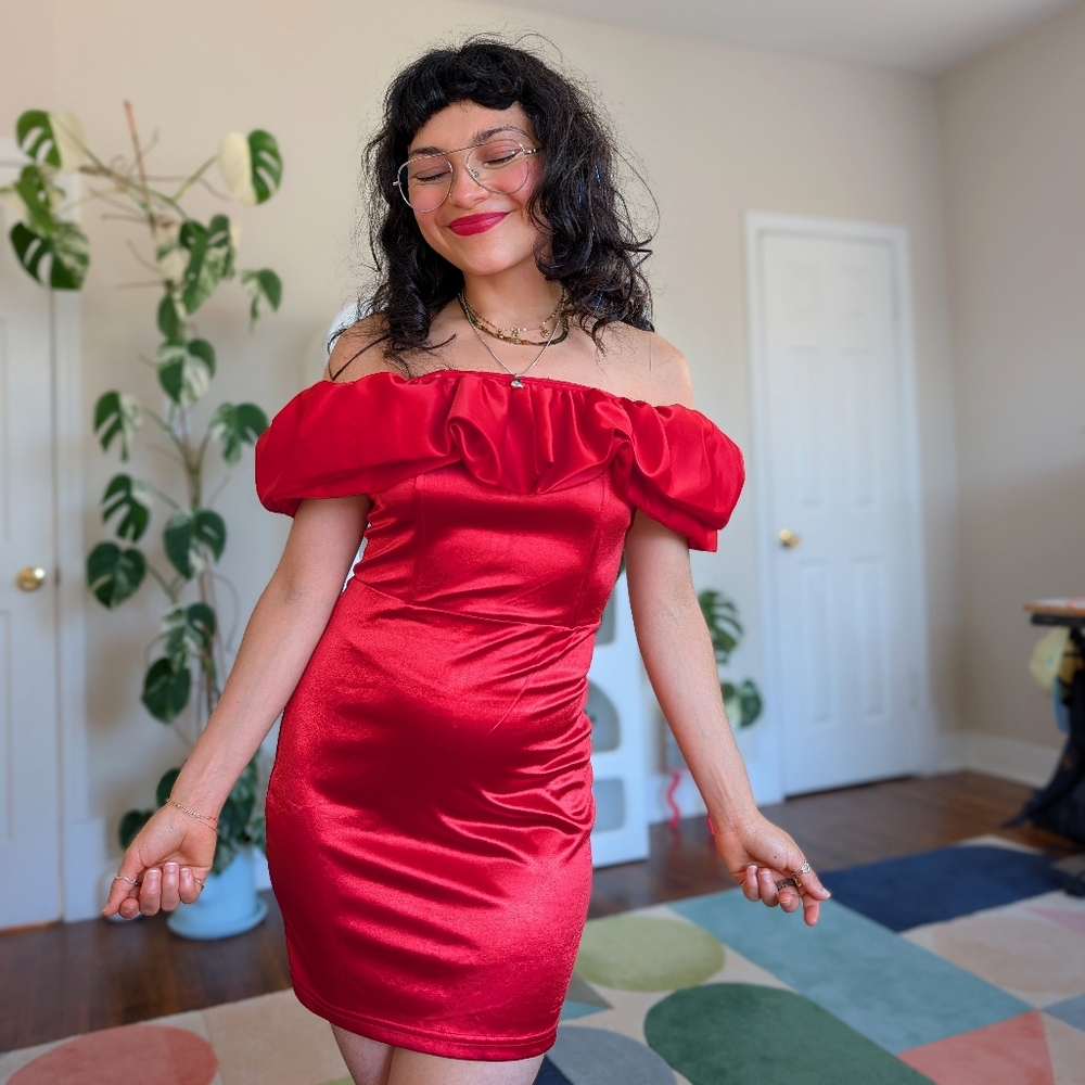 Off-Shoulder Red Satin Mini Dress